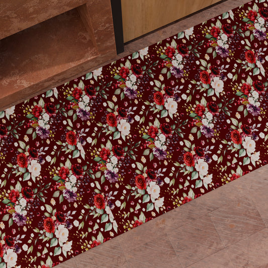 Tappeto Cucina Antiscivolo Passatoia Cucina lavabile, Floreale-07-Bordeaux