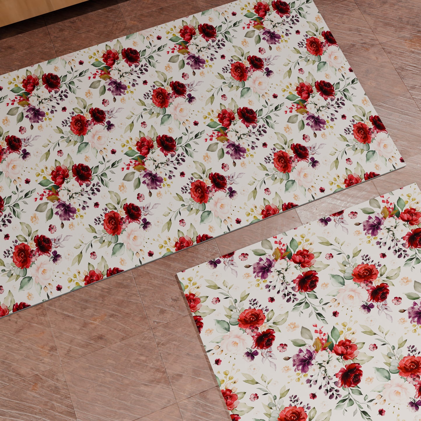 Tapis de cuisine antidérapant couloir de cuisine lavable, Floral-07 Blanc