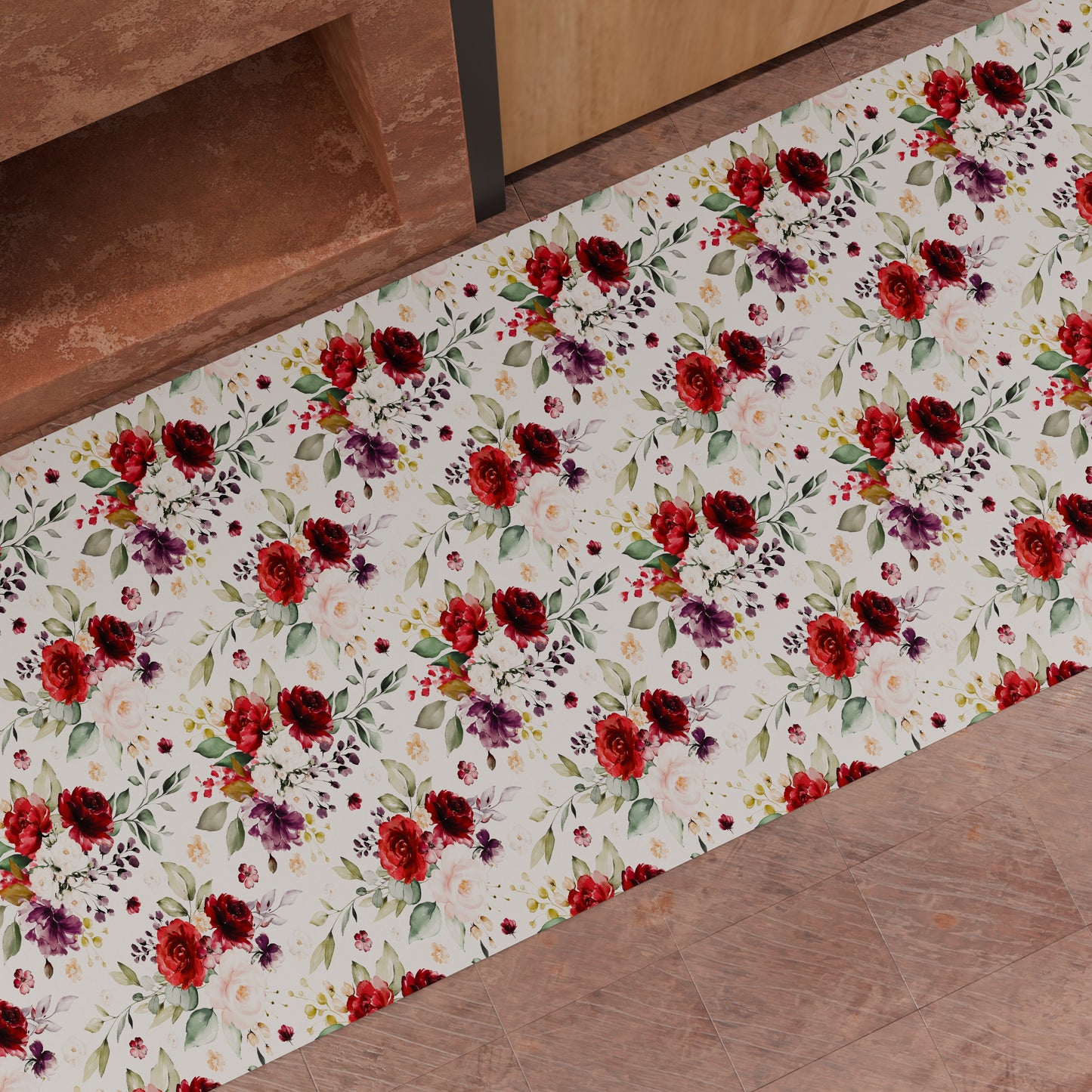 Tapis de cuisine antidérapant couloir de cuisine lavable, Floral-07 Blanc