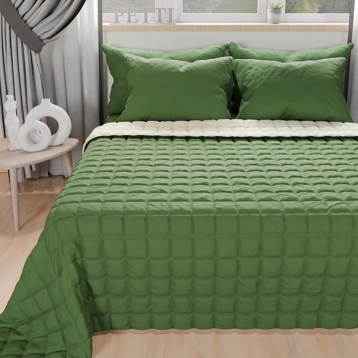 Trapuntino Copriletto Primaverile Autunnale Double Face Verde Panna