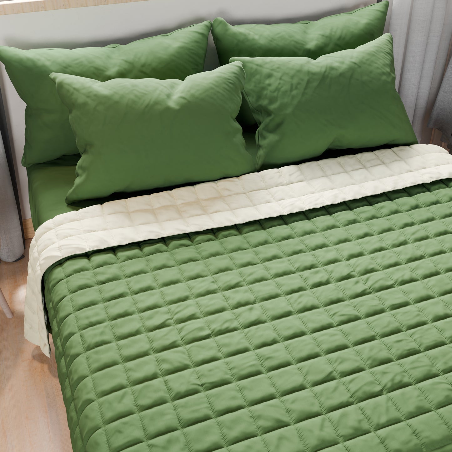 Trapuntino Copriletto Primaverile Autunnale Double Face Verde Panna