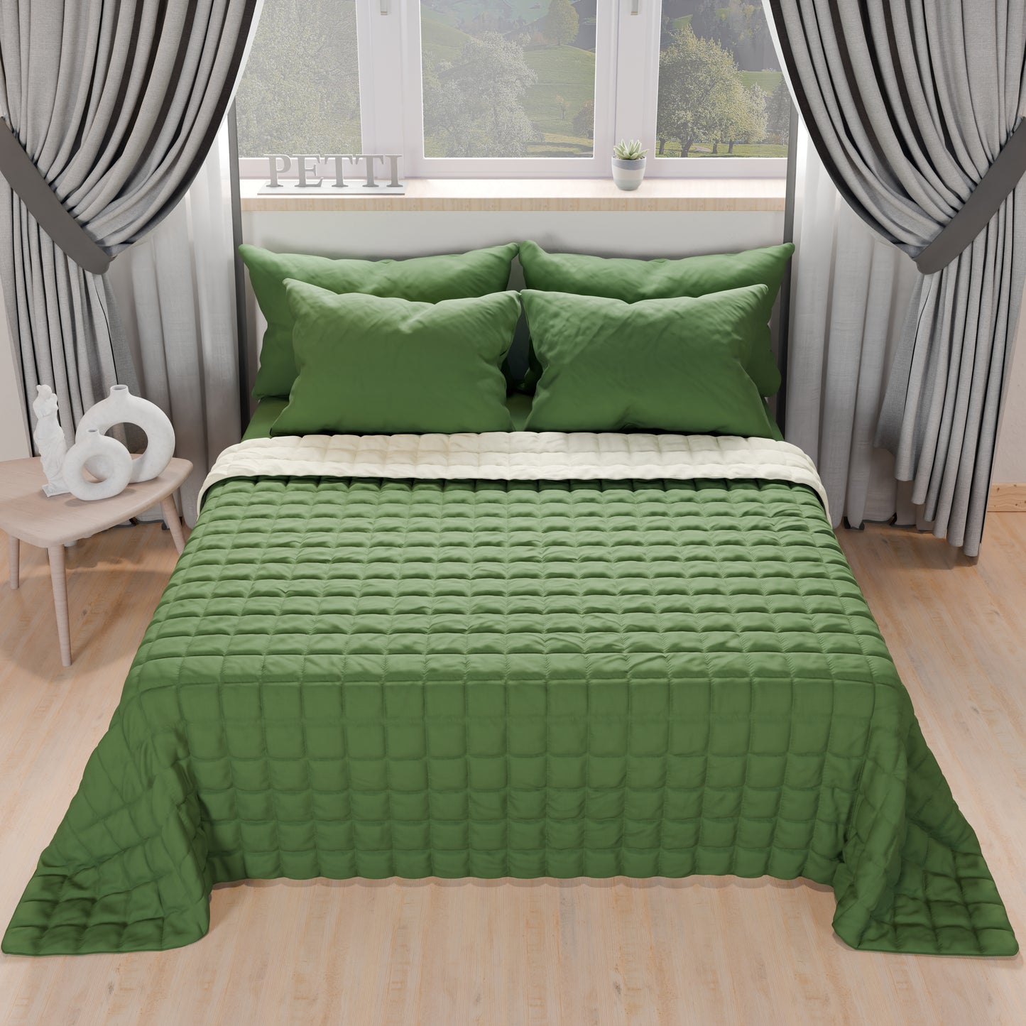 Trapuntino Copriletto Primaverile Autunnale Double Face Verde Panna