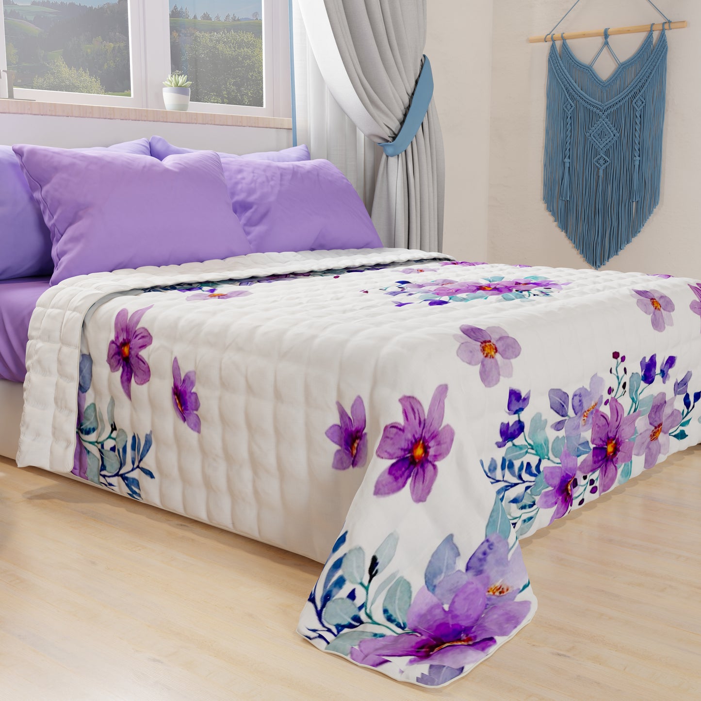 Couvre-lit matelassé printanier et automnal en impression numérique Floral violet
