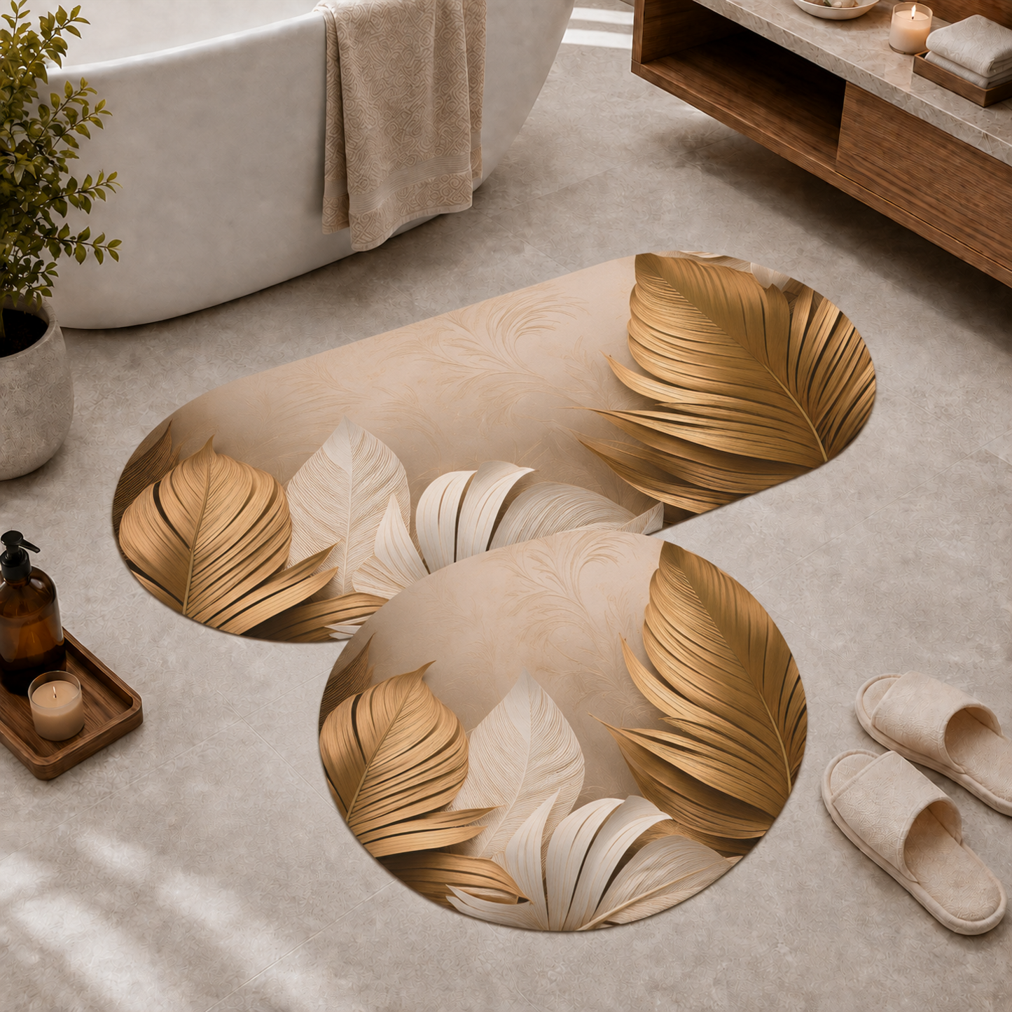 Tappeto Bagno Stampa Digitale Forma Ovale Palm 01.