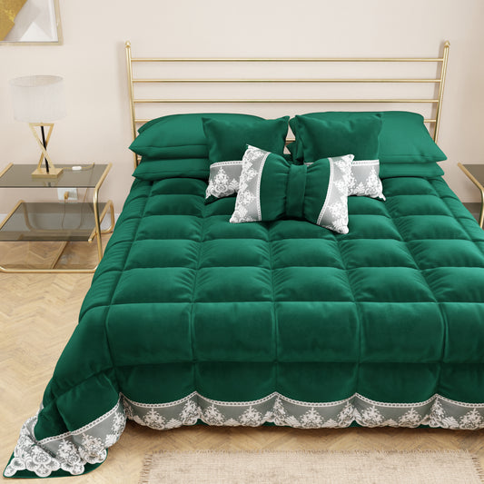 Couette d'hiver en velours doux et chaud avec volant et dentelle rebrodée émeraude par Sissy