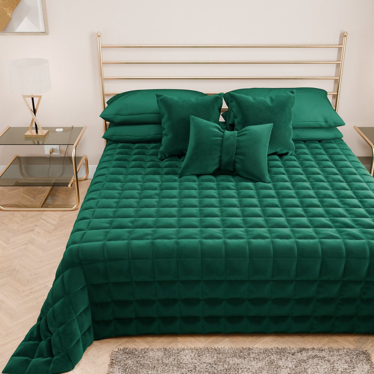 Courtepointe unie en velours émeraude + Draps assortis et taie d'oreiller numérique
