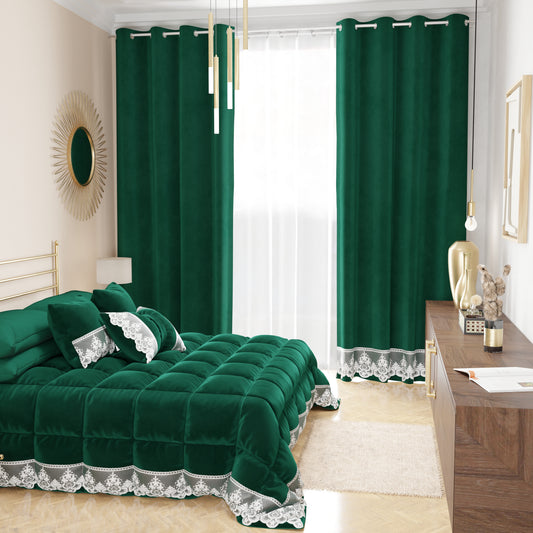 Rideau panneau en velours pour intérieur avec anneaux et dentelle rebrodée, 140x280 cm, Smeraldo par Sissy