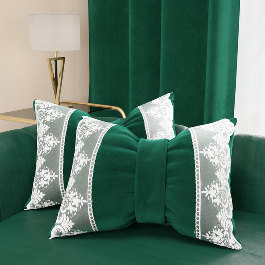 Cuscino Arredo Fiocco in Velluto e Balza con Pizzo Rebrodè 40x50 cm, Cuscino divano Smeraldo By Sissy