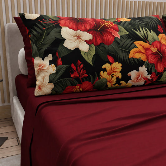 Lenzuola in Cotone, Completo Letto con Federe in Stampa Digitale Petalo 01 Bordeaux