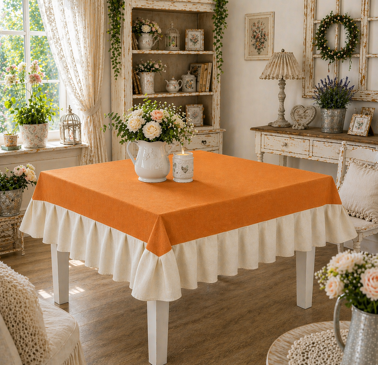 Tovaglia da Tavola Waterproof con Volant Arancione / Panna