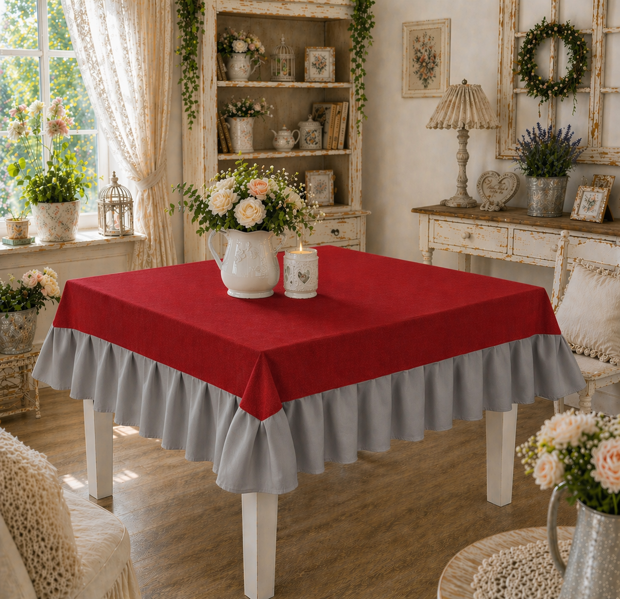 Tovaglia da Tavola Waterproof con Volant Bordeaux / Grigio Chiaro