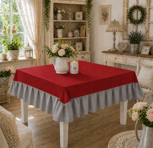 Tovaglia da Tavola Waterproof con Volant Bordeaux / Grigio Chiaro
