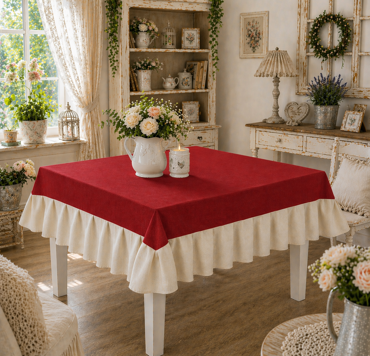 Tovaglia da Tavola Waterproof con Volant Bordeaux / Panna
