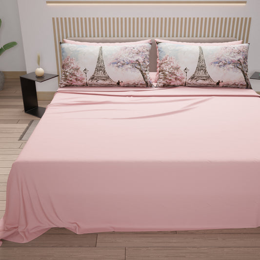 Lenzuola in Cotone, Completo Letto con Federe in Stampa Digitale Paris, Parigi Torre Eiffel