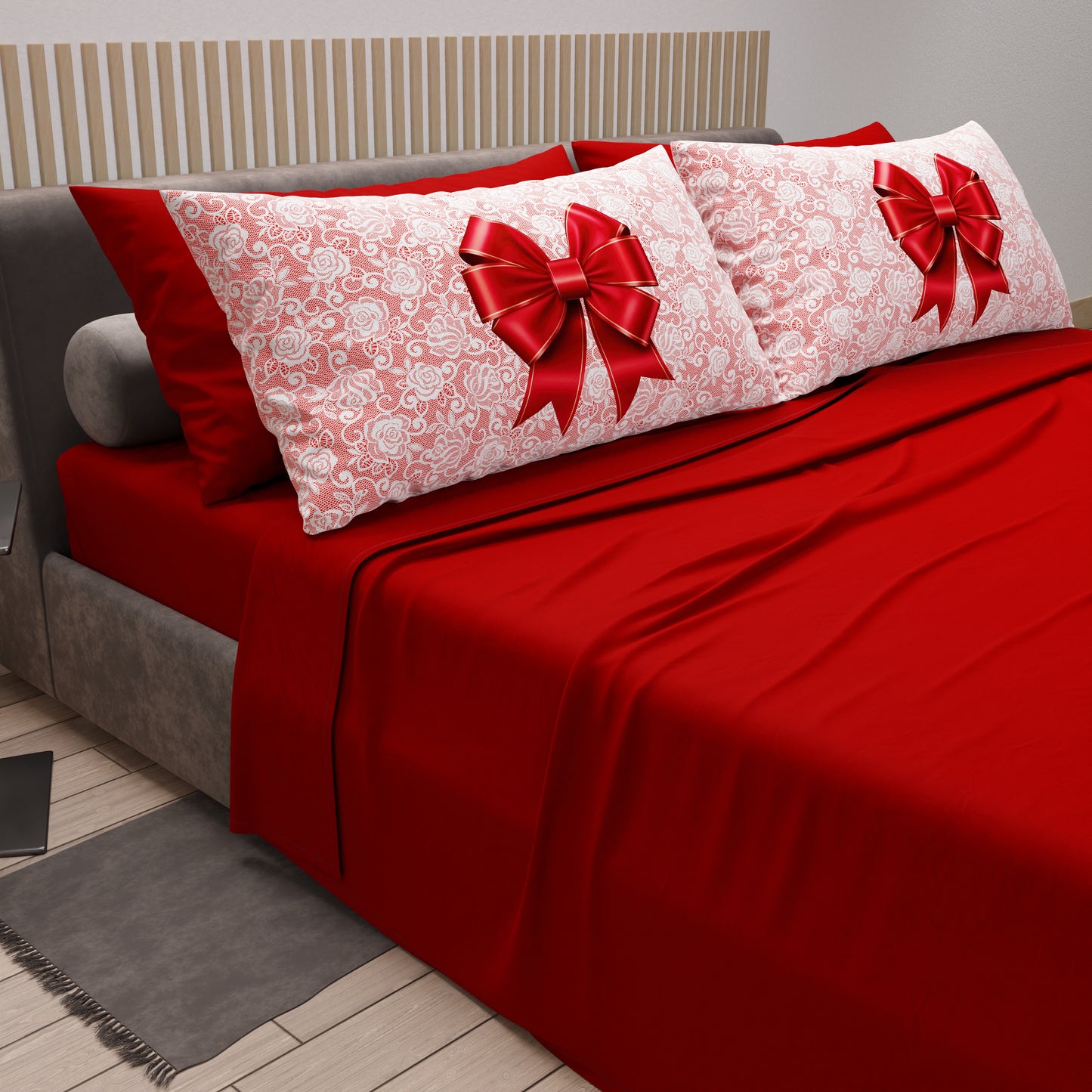 Completo lenzuola cotone RENNE fiocco lana rosso Singolo Matrimoniale
