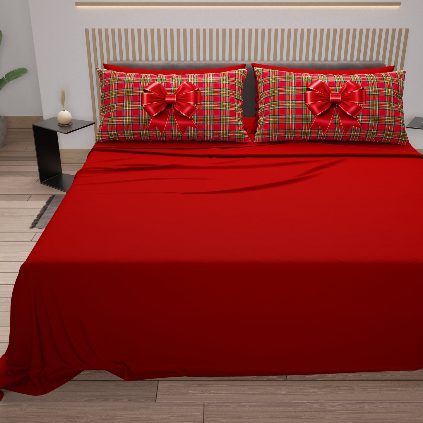 Cotton sheets, bed set with tartan bow digital print pillowcases