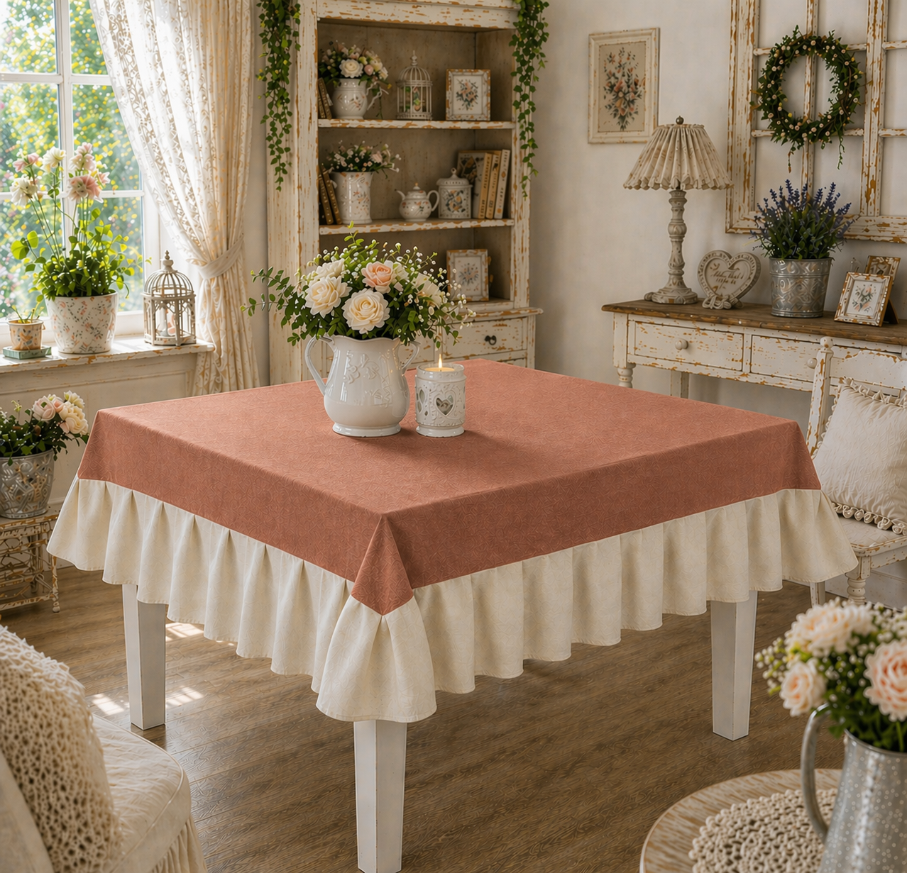 Tovaglia da Tavola Waterproof con Volant Cipria / Panna