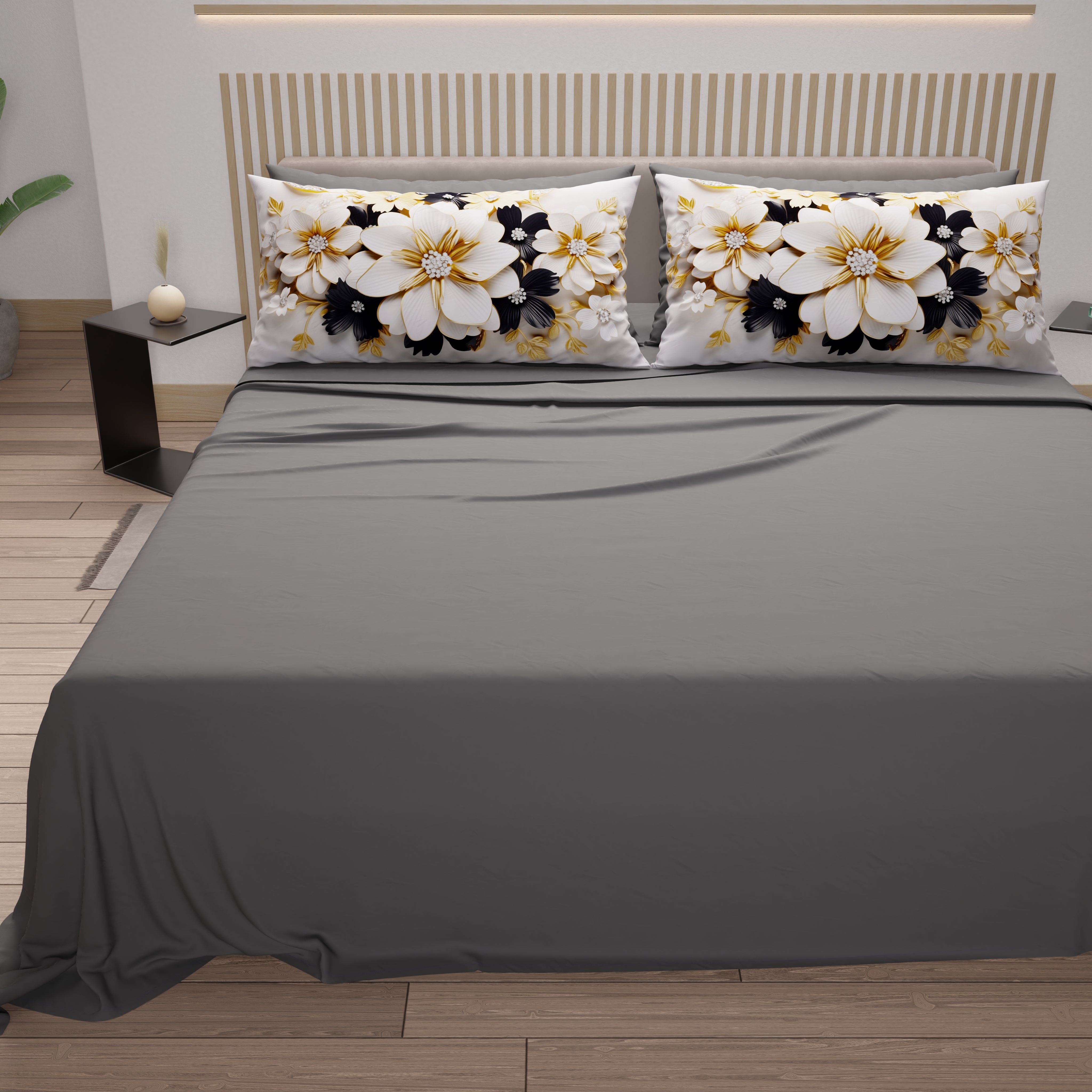 Set Lenzuola Letto Singolo In Cotone, 2 Pezzi (Sopra E Sotto) + Federa, Tinta Unita, Nero, Ipoallergenico