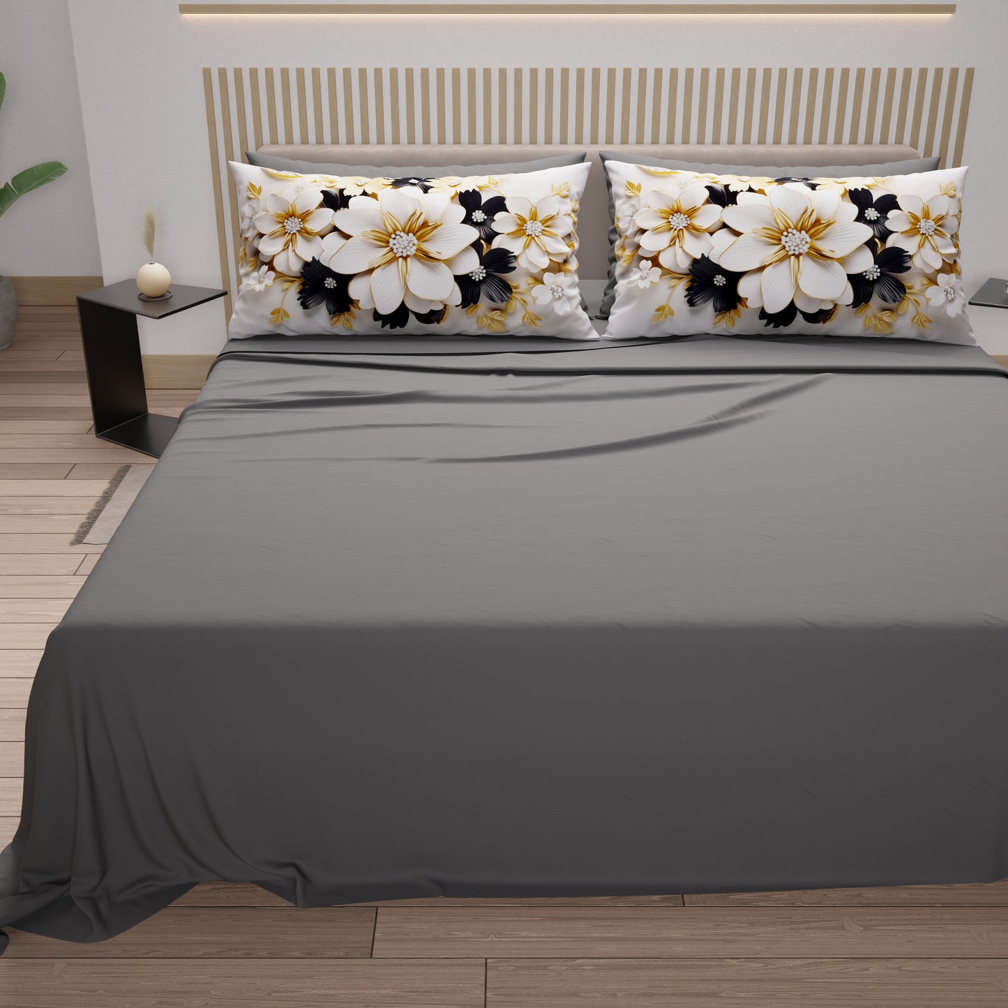 Lenzuola in Cotone, Completo Letto con Federe in Stampa Digitale Flower Ceramic Nero