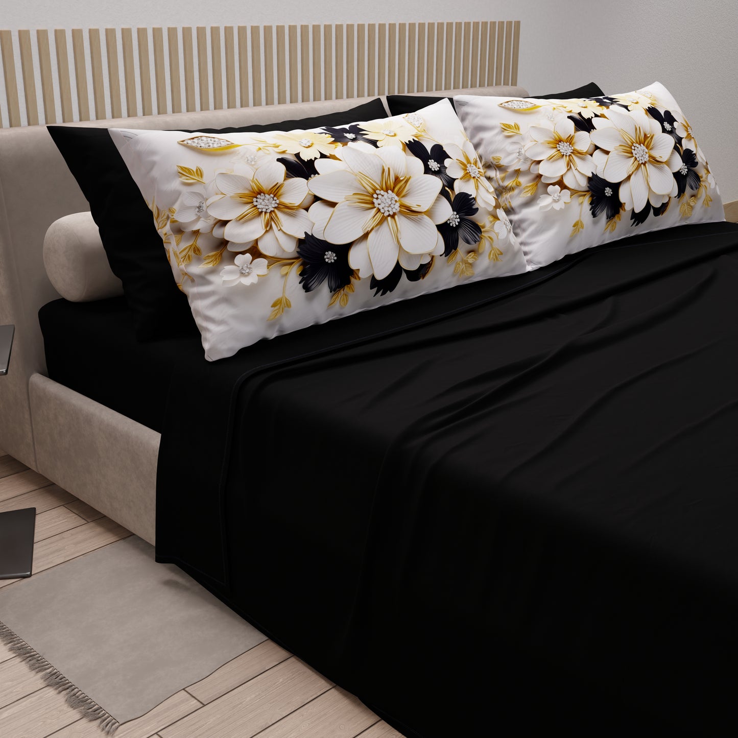 Lenzuola in Cotone, Completo Letto con Federe in Stampa Digitale Flower Ceramic Nero