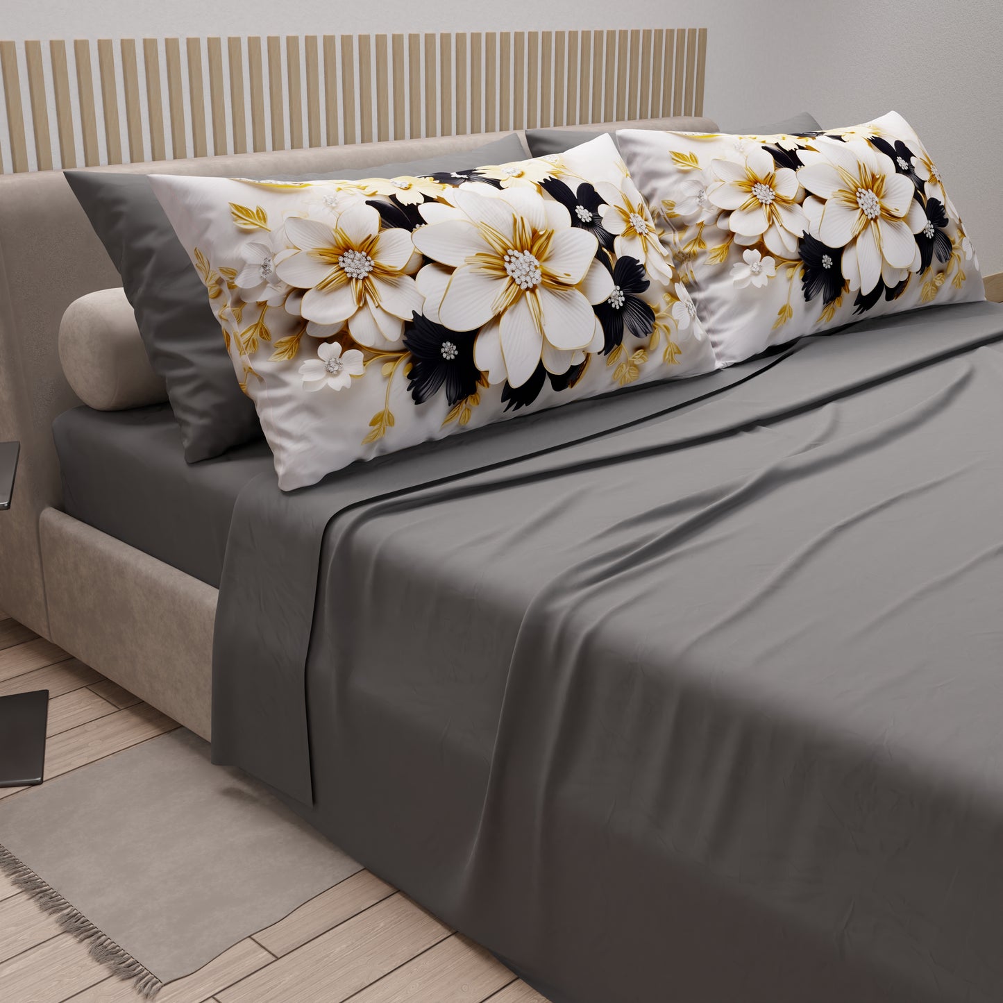 Lenzuola in Cotone, Completo Letto con Federe in Stampa Digitale Flower Ceramic Nero