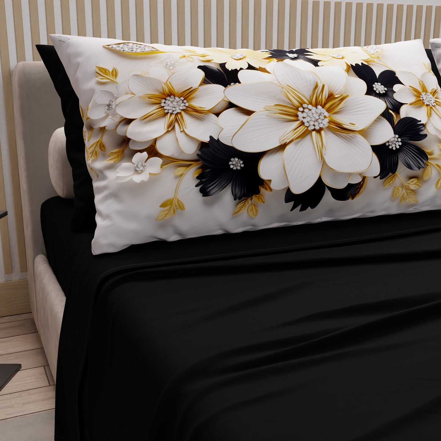 Lenzuola in Cotone, Completo Letto con Federe in Stampa Digitale Flower Ceramic Nero