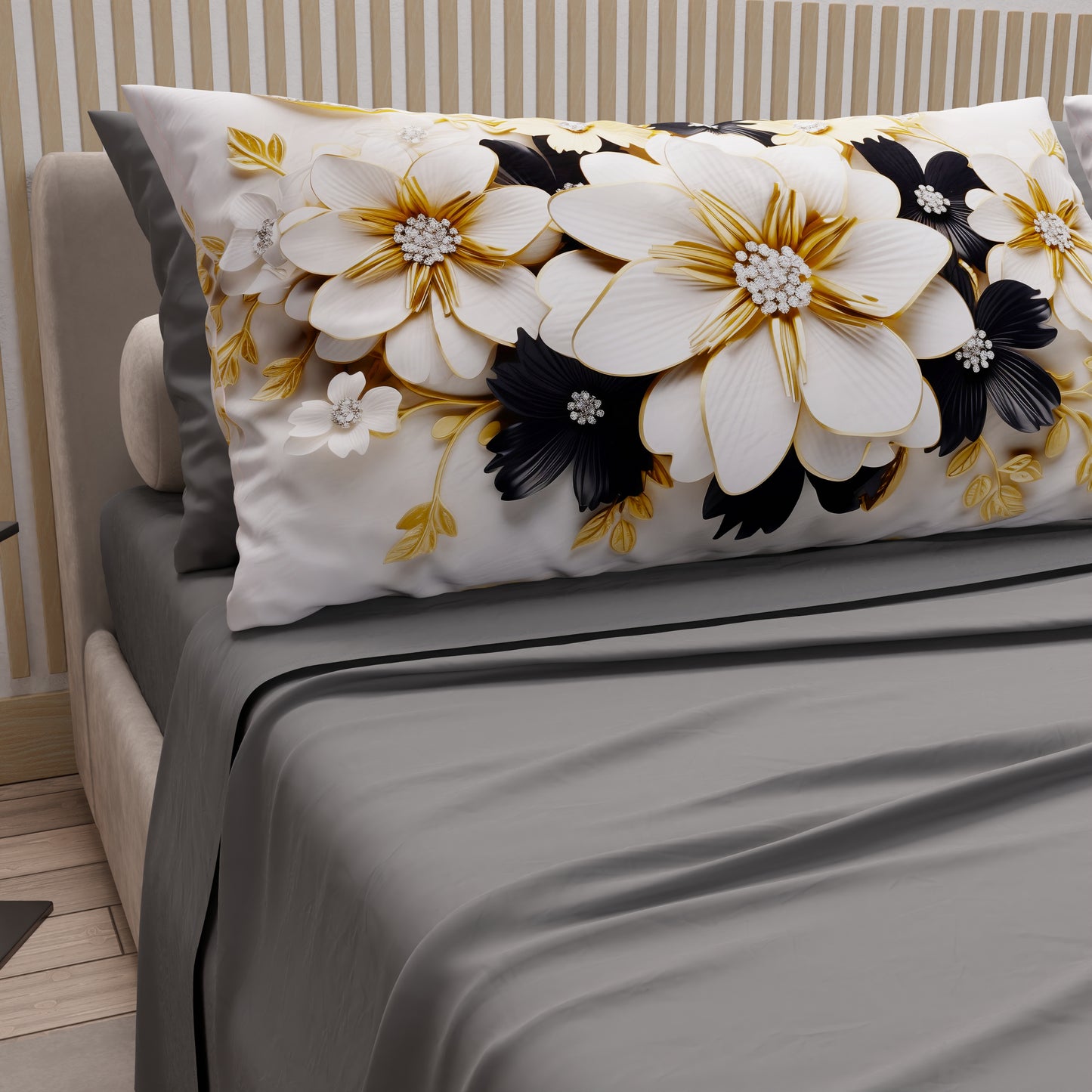 Lenzuola in Cotone, Completo Letto con Federe in Stampa Digitale Flower Ceramic Nero