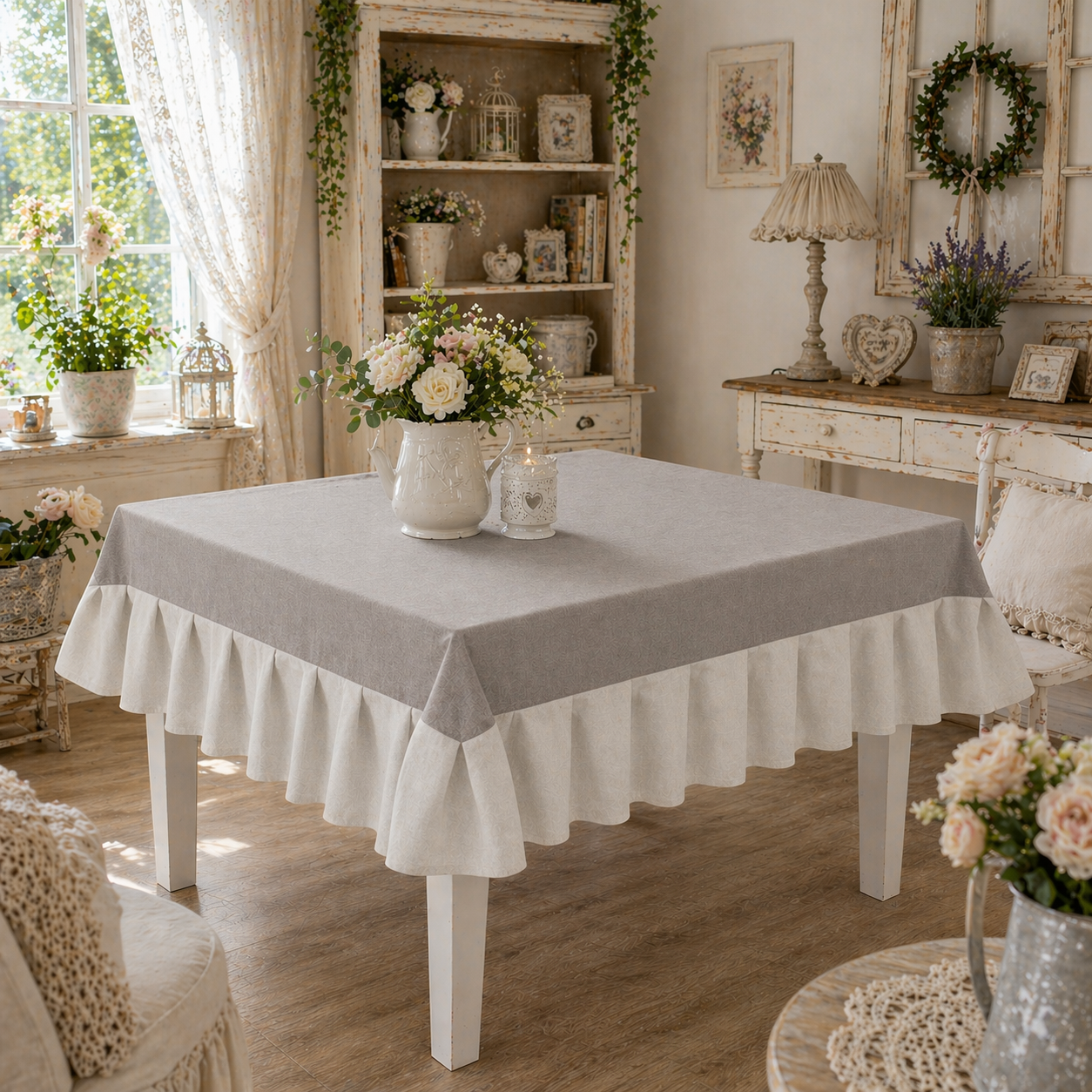 Tovaglia da Tavola Waterproof con Volant Grigio Chiaro / Panna