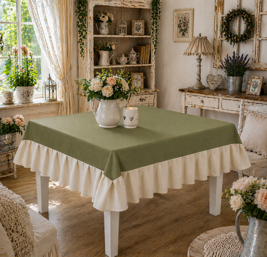 Tovaglia da Tavola Waterproof con Volant Oliva / Panna