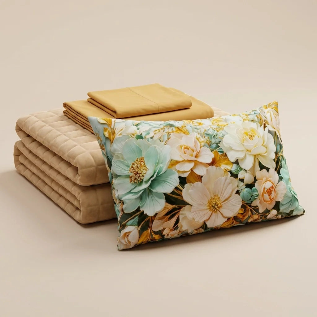 Courtepointe unie en velours or + Draps assortis et taie d'oreiller numérique