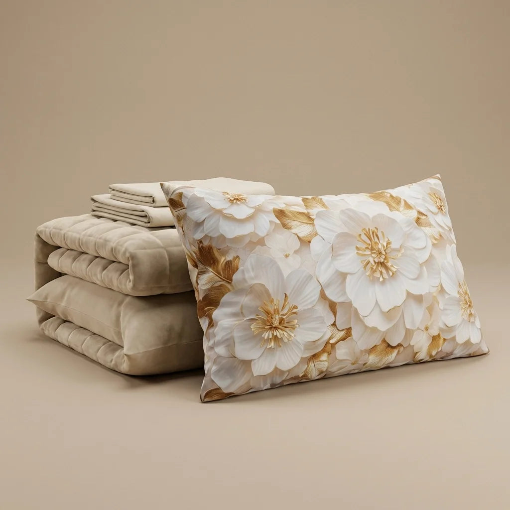 Courtepointe Unie en Velours Crème + Draps assortis et Taie d'oreiller Digitale