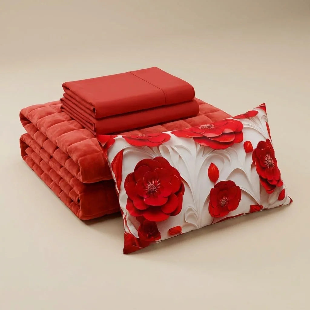 Courtepointe Unie en Velours Rouge + Draps assortis et Taie d'oreiller Digitale