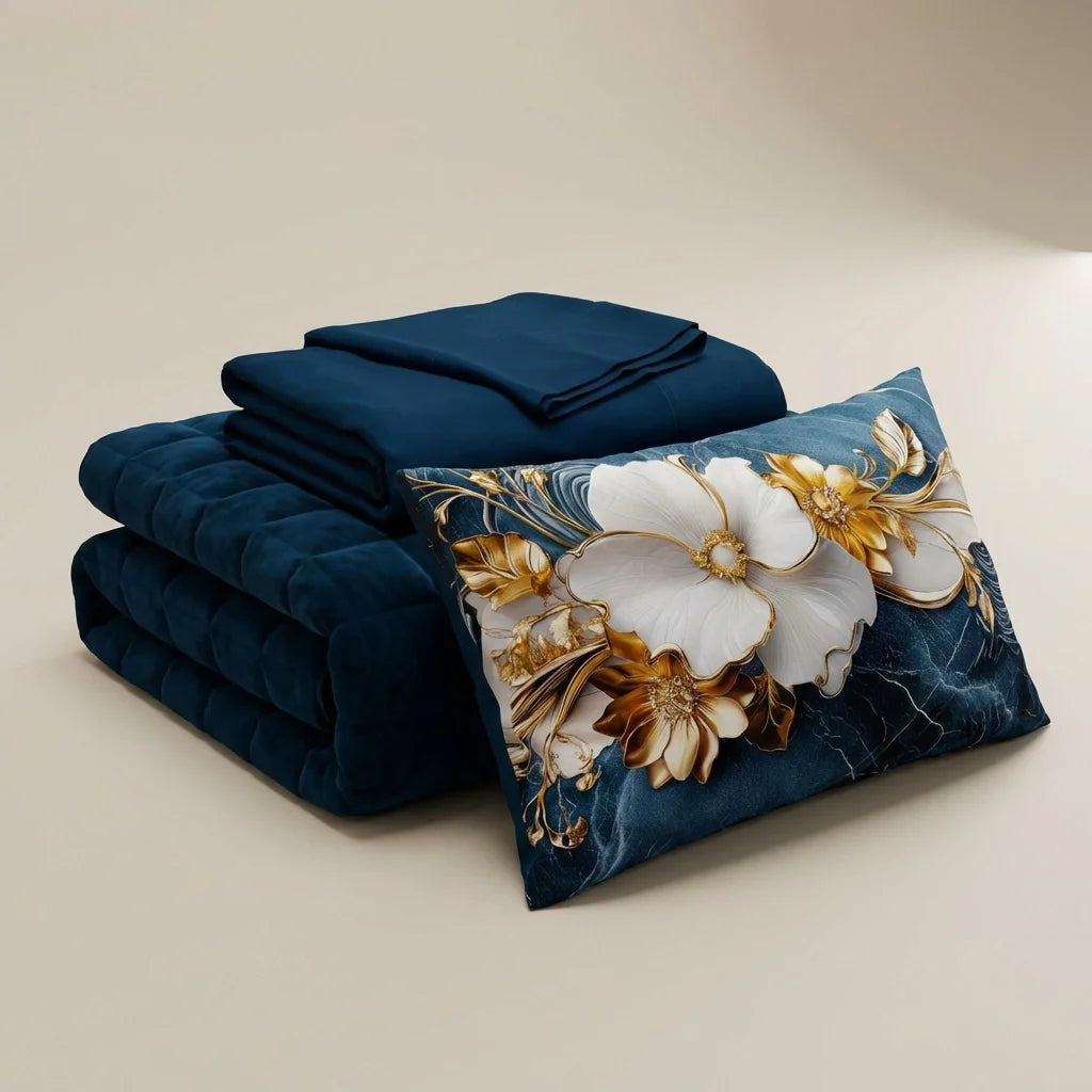 Courtepointe Unie en Velours Bleu + Draps assortis et Taie d'oreiller Digitale