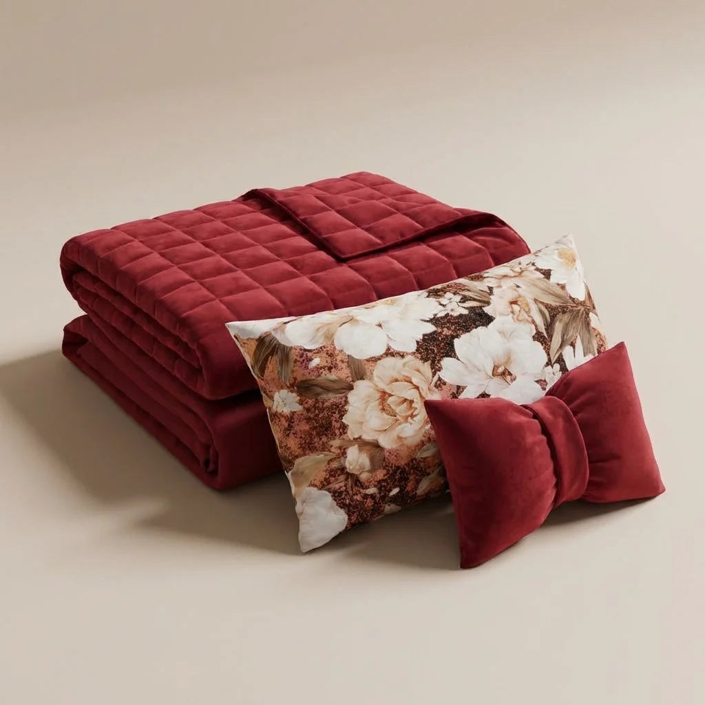 Courtepointe Unie en Velours Bordeaux + Draps assortis et Taie d'oreiller Digitale