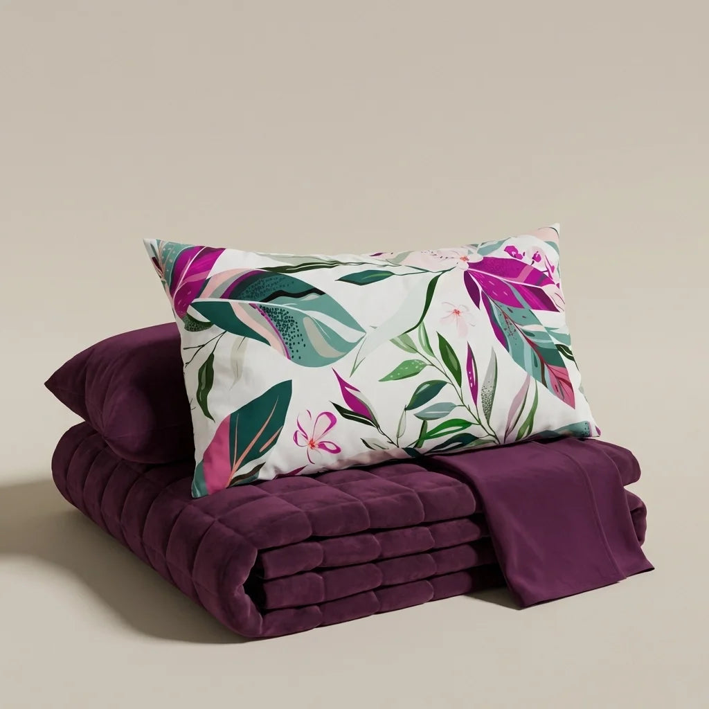 Courtepointe Unie en Velours Prune + Draps assortis et Taie d'oreiller Digitale