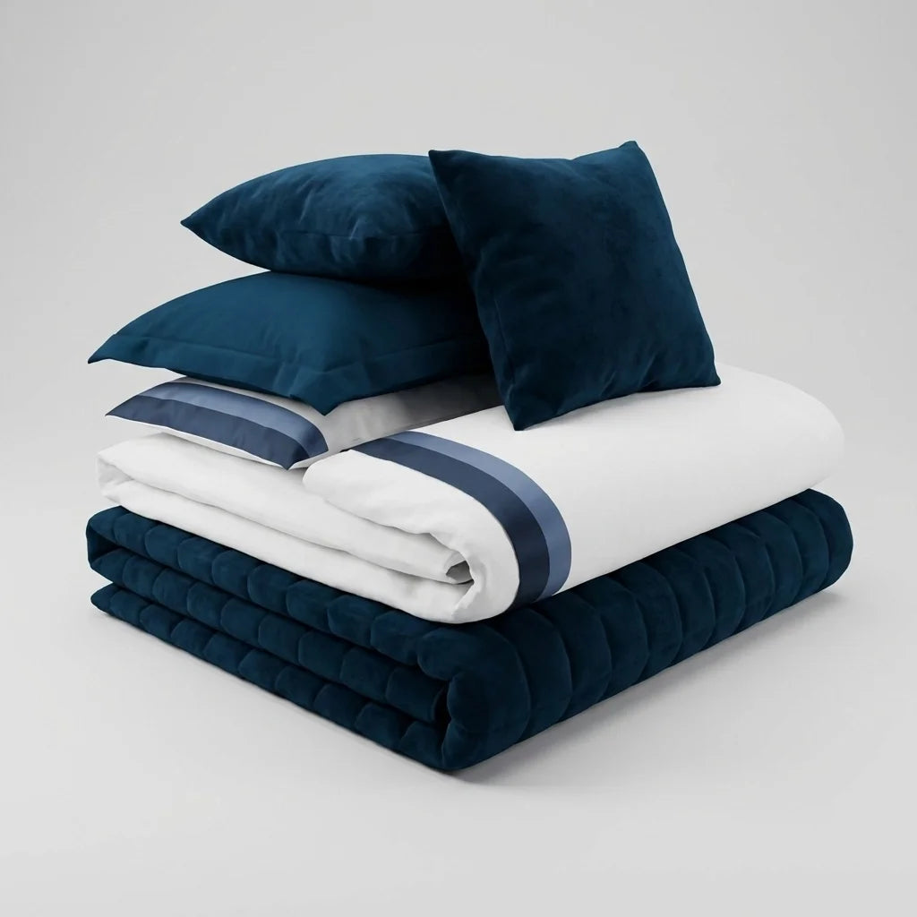 Ensemble Velours Bleu-Edredon+Draps+Taies d'oreiller+Coussins décoratifs