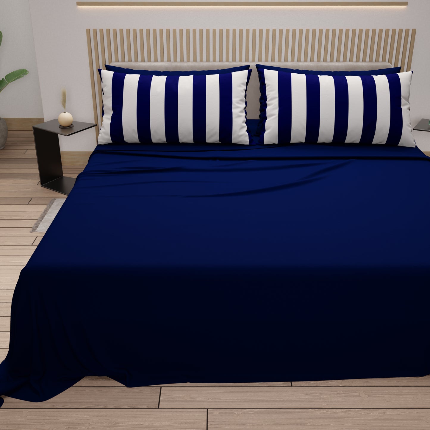 Lenzuola in Cotone, Completo Letto con Federe in Stampa Digitale Righe Blu Notte