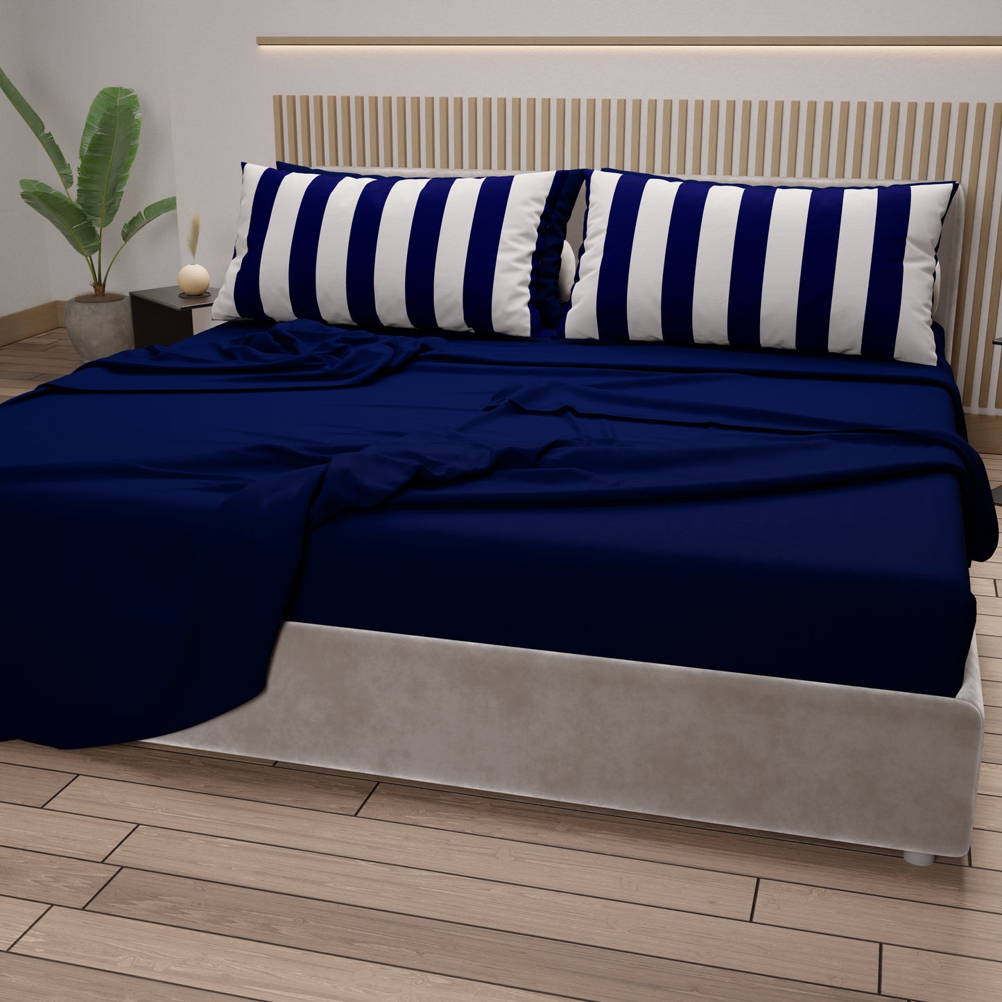 Lenzuola in Cotone, Completo Letto con Federe in Stampa Digitale Righe Blu Notte