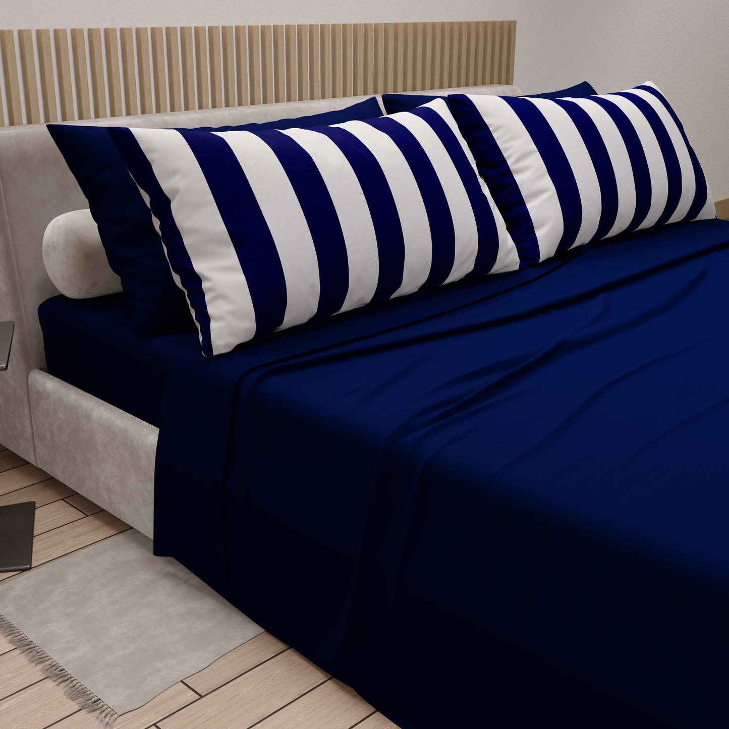 Lenzuola in Cotone, Completo Letto con Federe in Stampa Digitale Righe Blu Notte