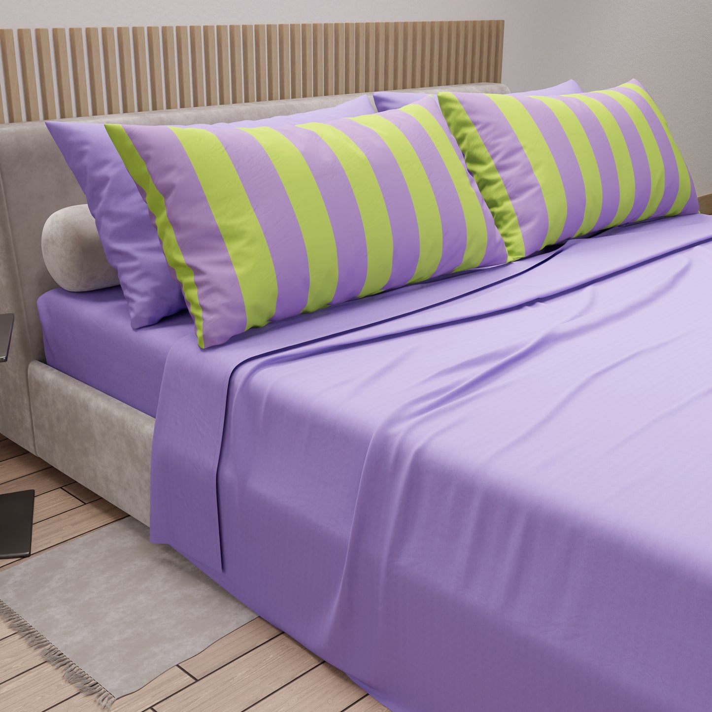 Lenzuola in Cotone, Completo Letto con Federe in Stampa Digitale Righe Verde Chiaro/Lilla.