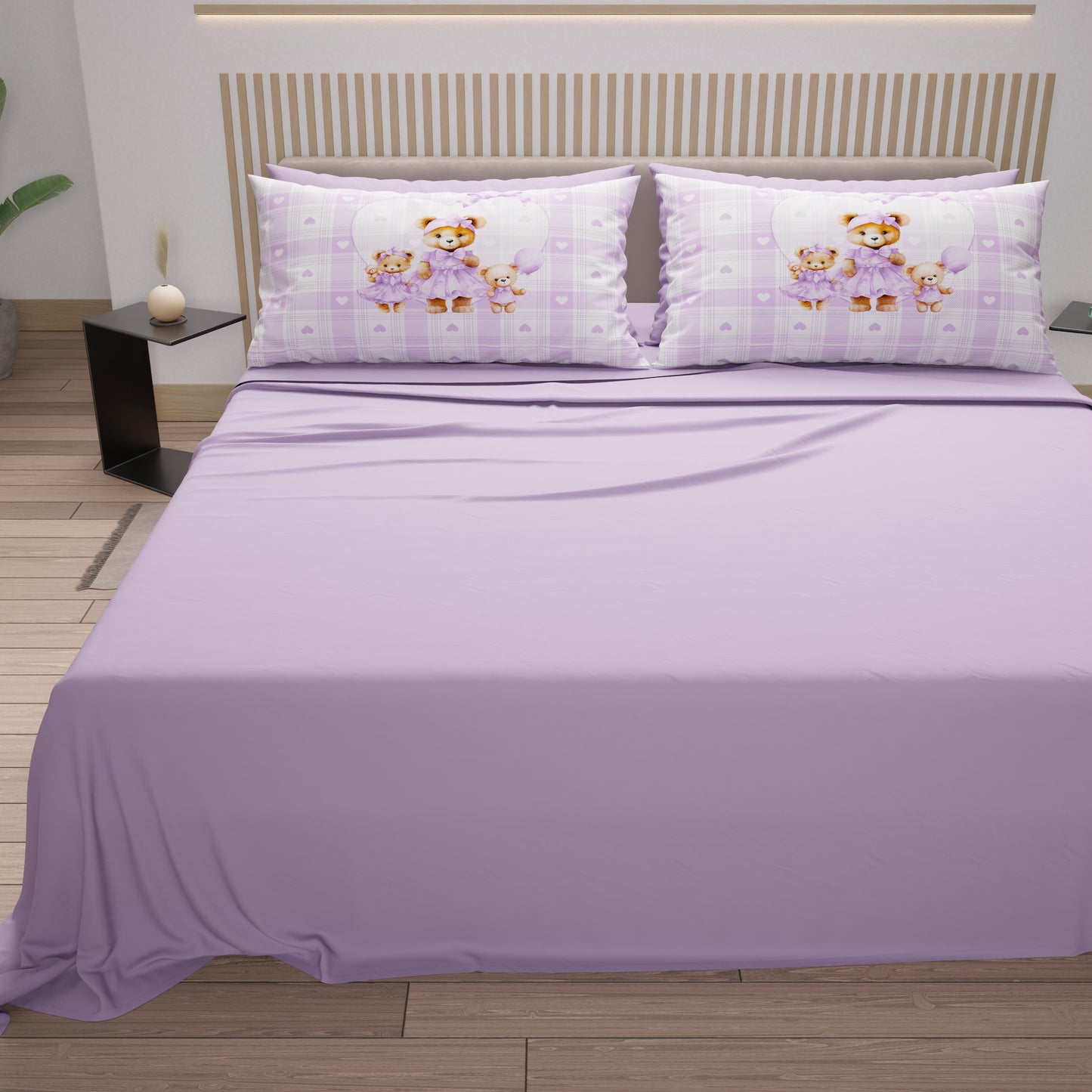 Lenzuola in Cotone, Completo Letto con Federe in Stampa Digitale Teddy Love Lilla