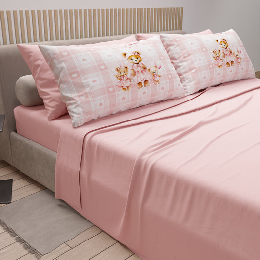 Lenzuola in Cotone, Completo Letto con Federe in Stampa Digitale Teddy Rosa