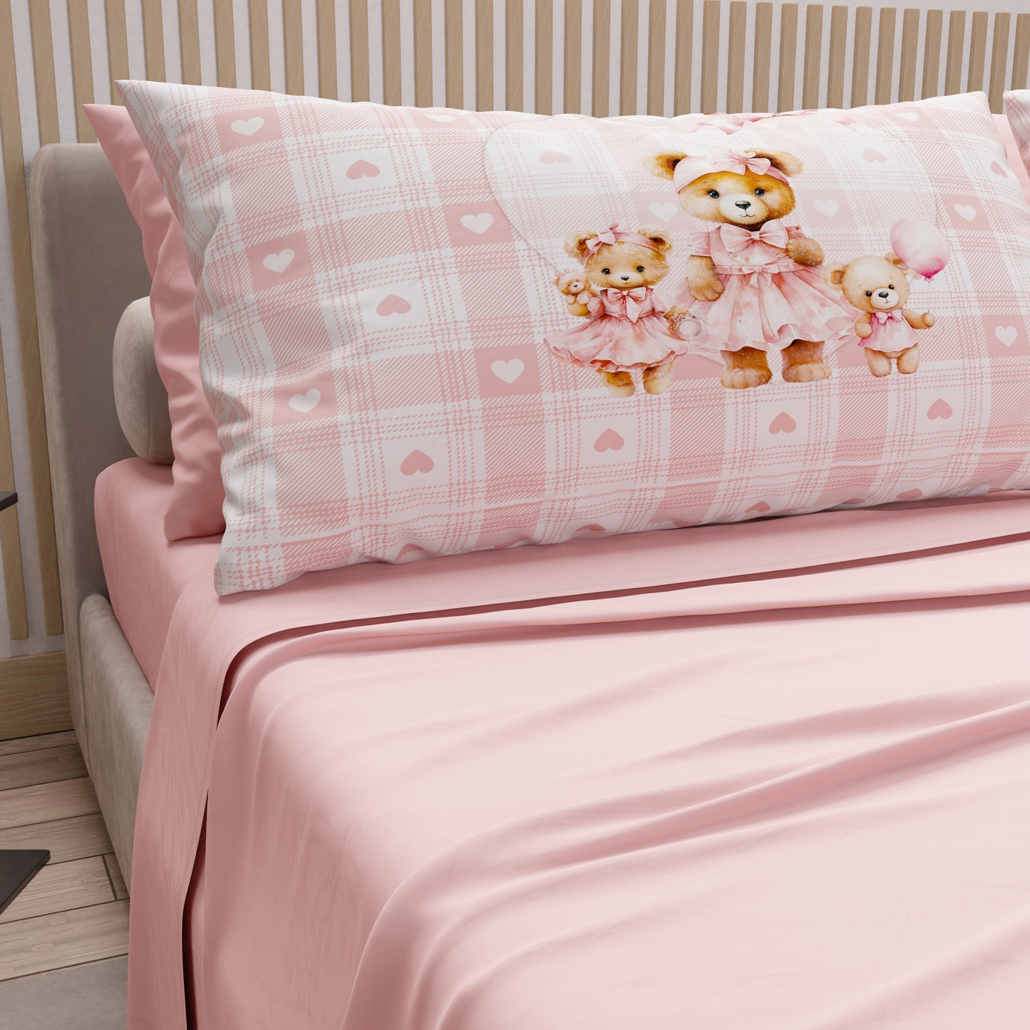 Lenzuola in Cotone, Completo Letto con Federe in Stampa Digitale Teddy Love Rosa