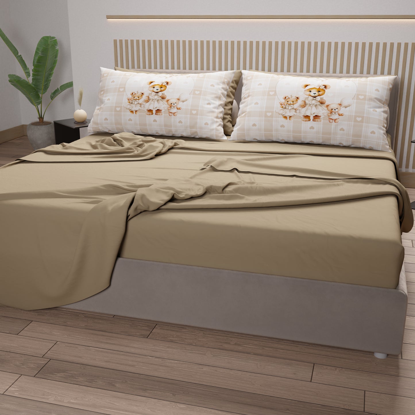 Lenzuola in Cotone, Completo Letto con Federe in Stampa Digitale Teddy Love Tortora