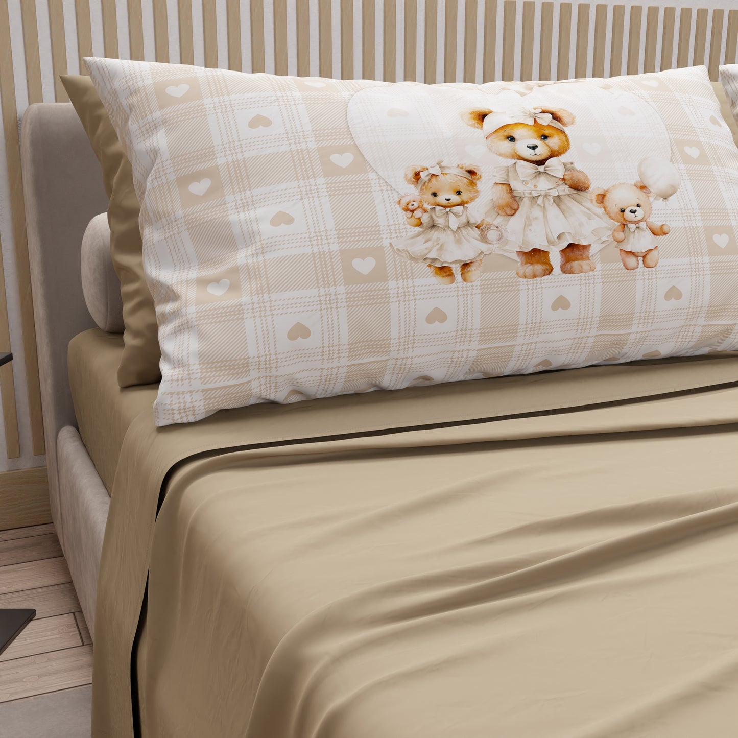 Lenzuola in Cotone, Completo Letto con Federe in Stampa Digitale Teddy Love Tortora