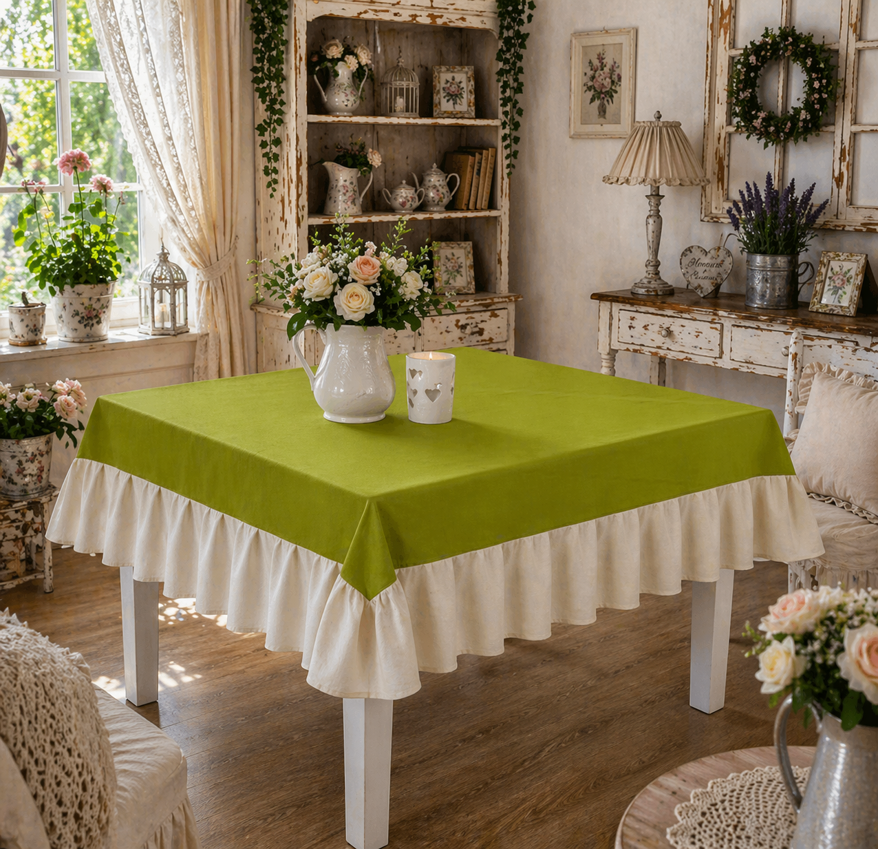 Tovaglia da Tavola Waterproof con Volant Verde Chiaro / Panna