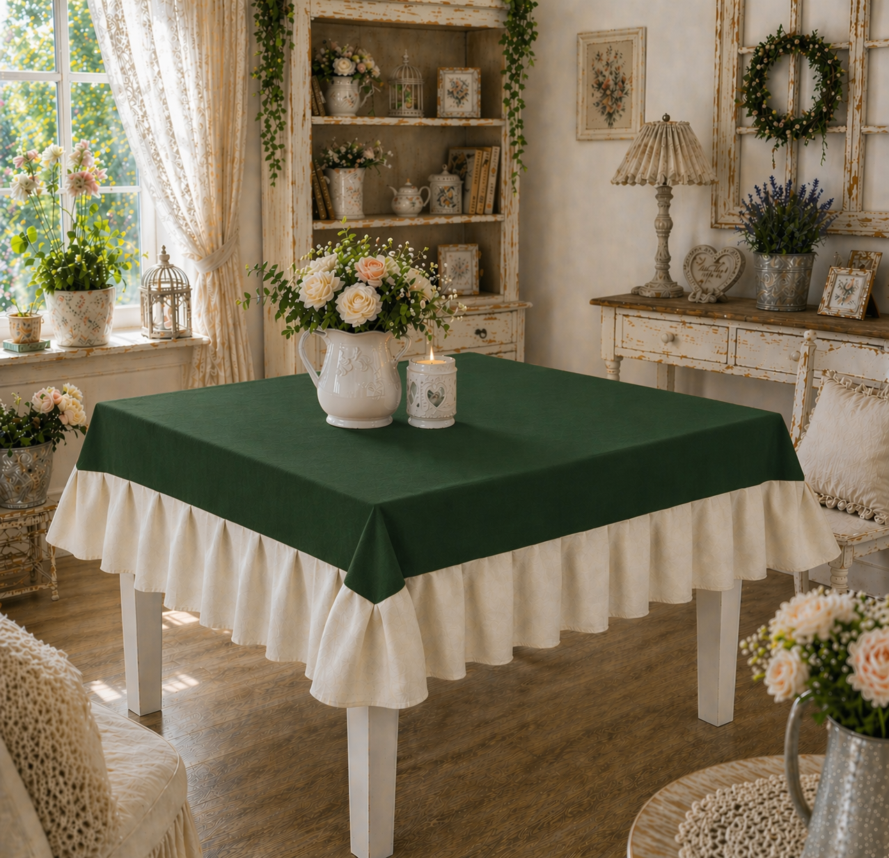 Tovaglia da Tavola Waterproof con Volant Verde Scuro / Panna