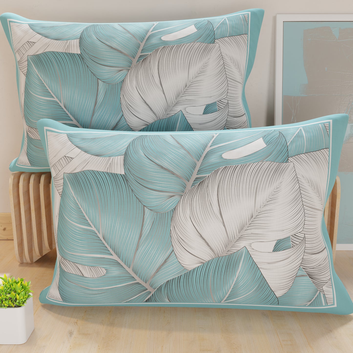 Pillowcases, Cushion Covers in Digital Print, Tropical Light Blue Silver