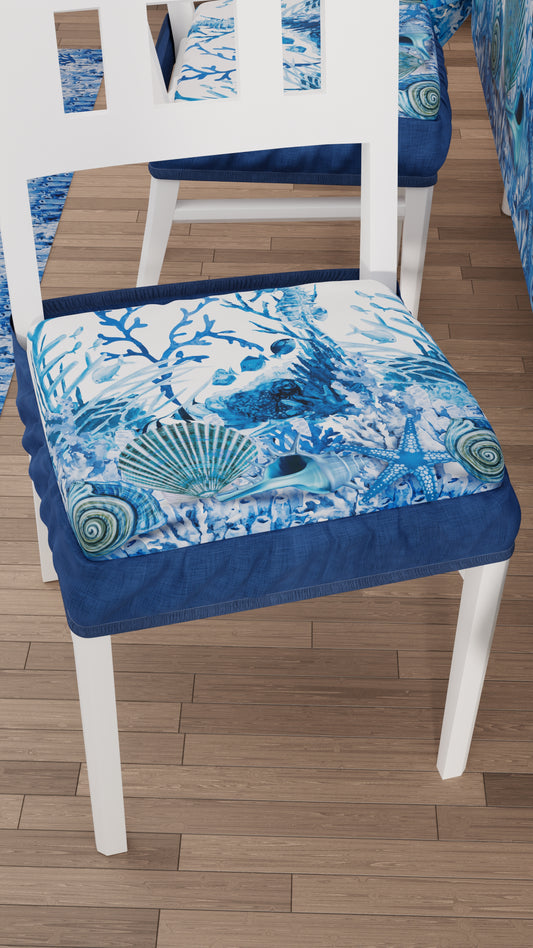 Chair Cushions with Elastic Chair Cover in Digital Print 2 Pieces Coral Blue