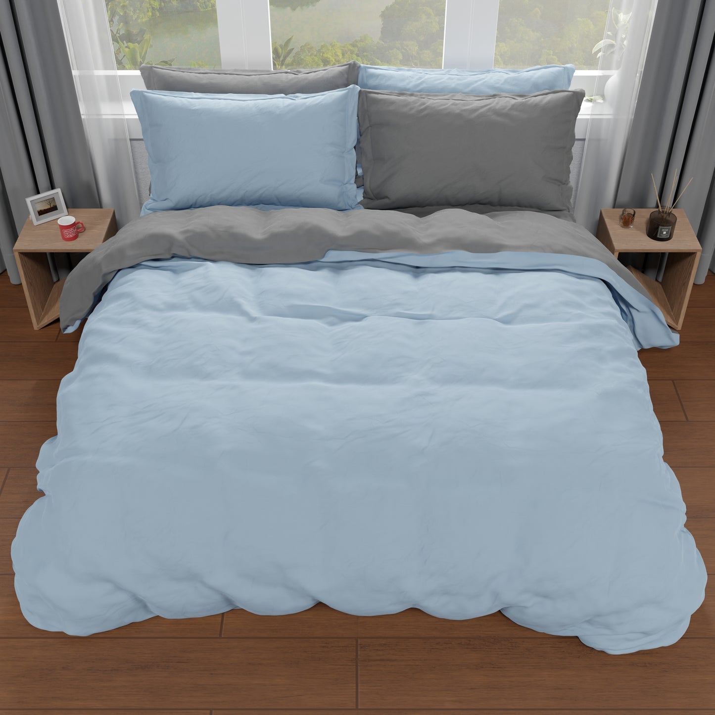 Double Duvet Cover, Duvet Cover and Pillowcases, Light Blue/Dark Grey